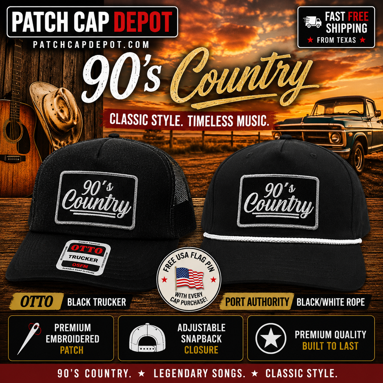 90's Country Patch Snapback Cap – Black Trucker | Otto & Port Rope Caps