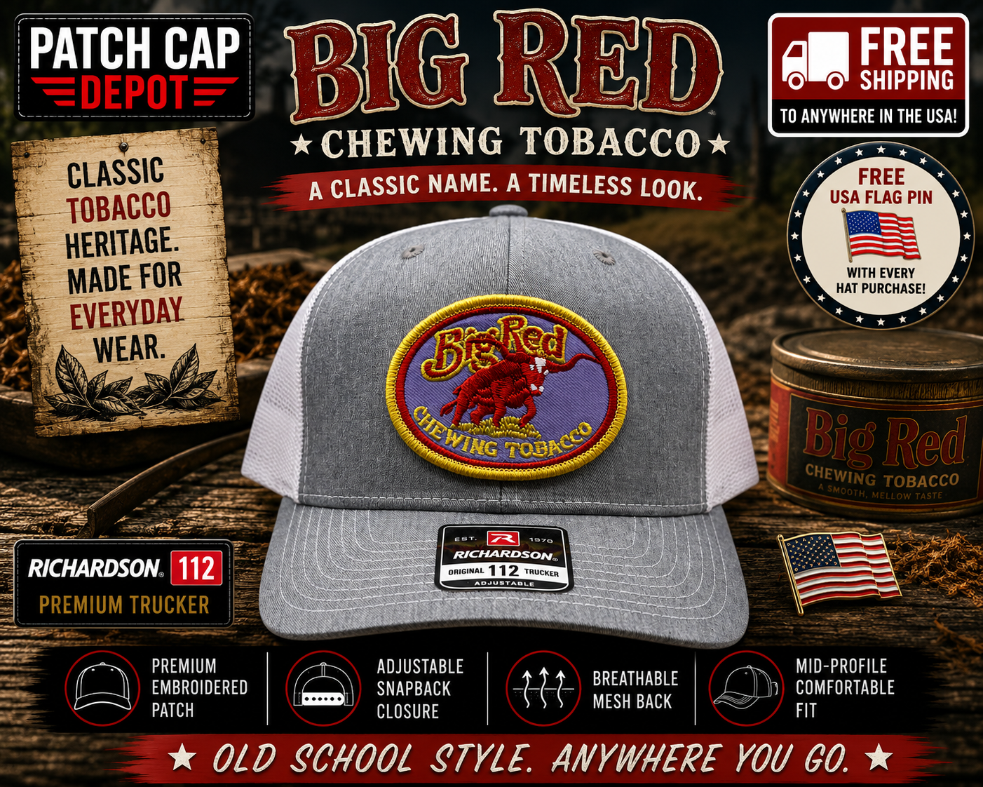 Big Red Chewing Tobacco Patch Cap – Richardson 112 Heather Grey/White Trucker Snapback