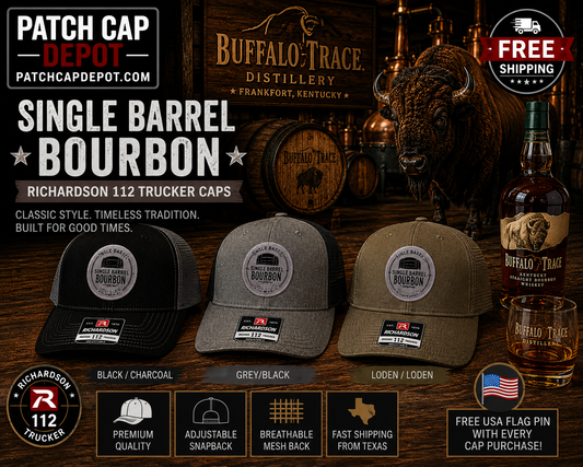 Single Barrel Bourbon Leather Patch Richardson 112 Trucker Cap | 3 Colors