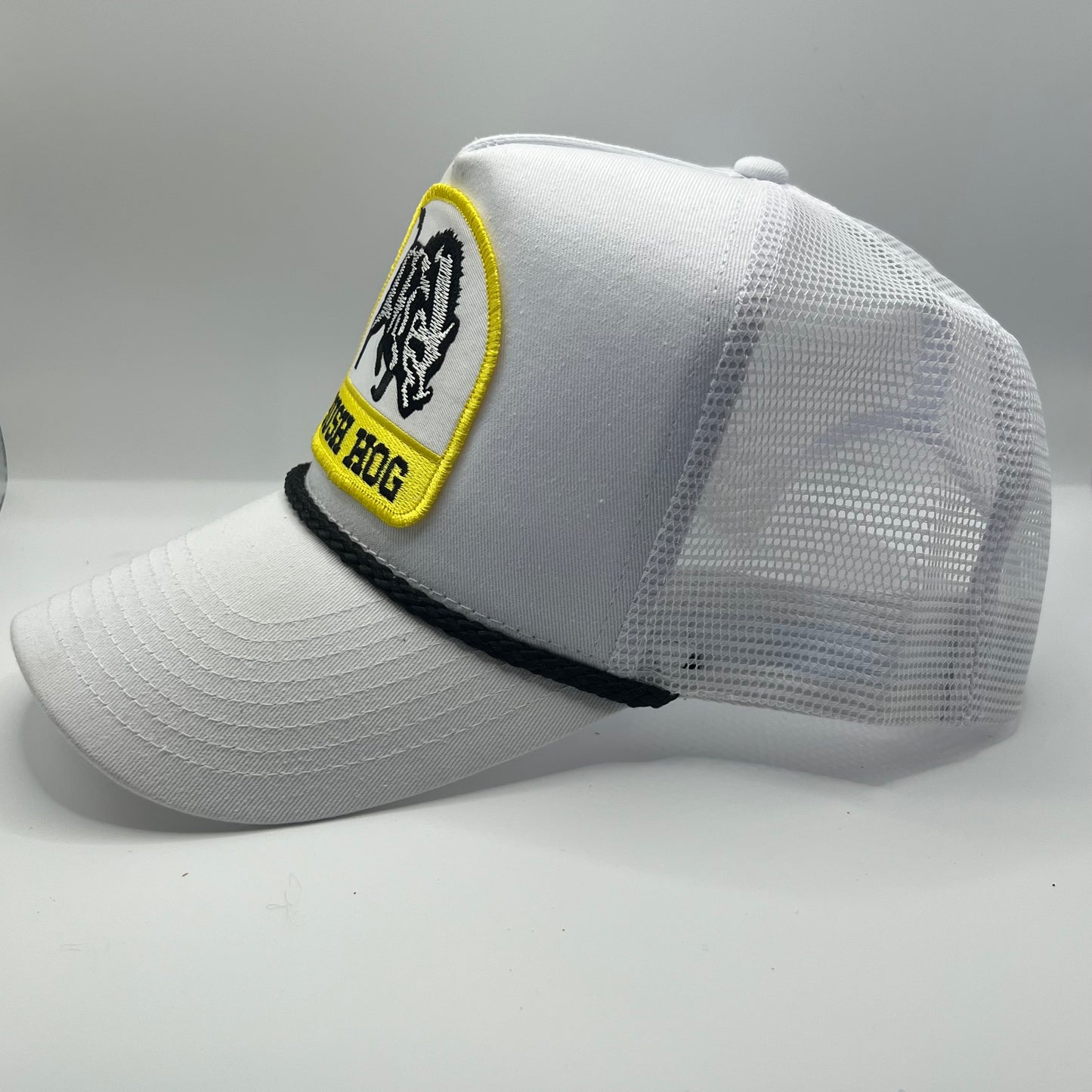 Bush Hog Patch Cap | Cobra High Crown Snapback Trucker Cap | White