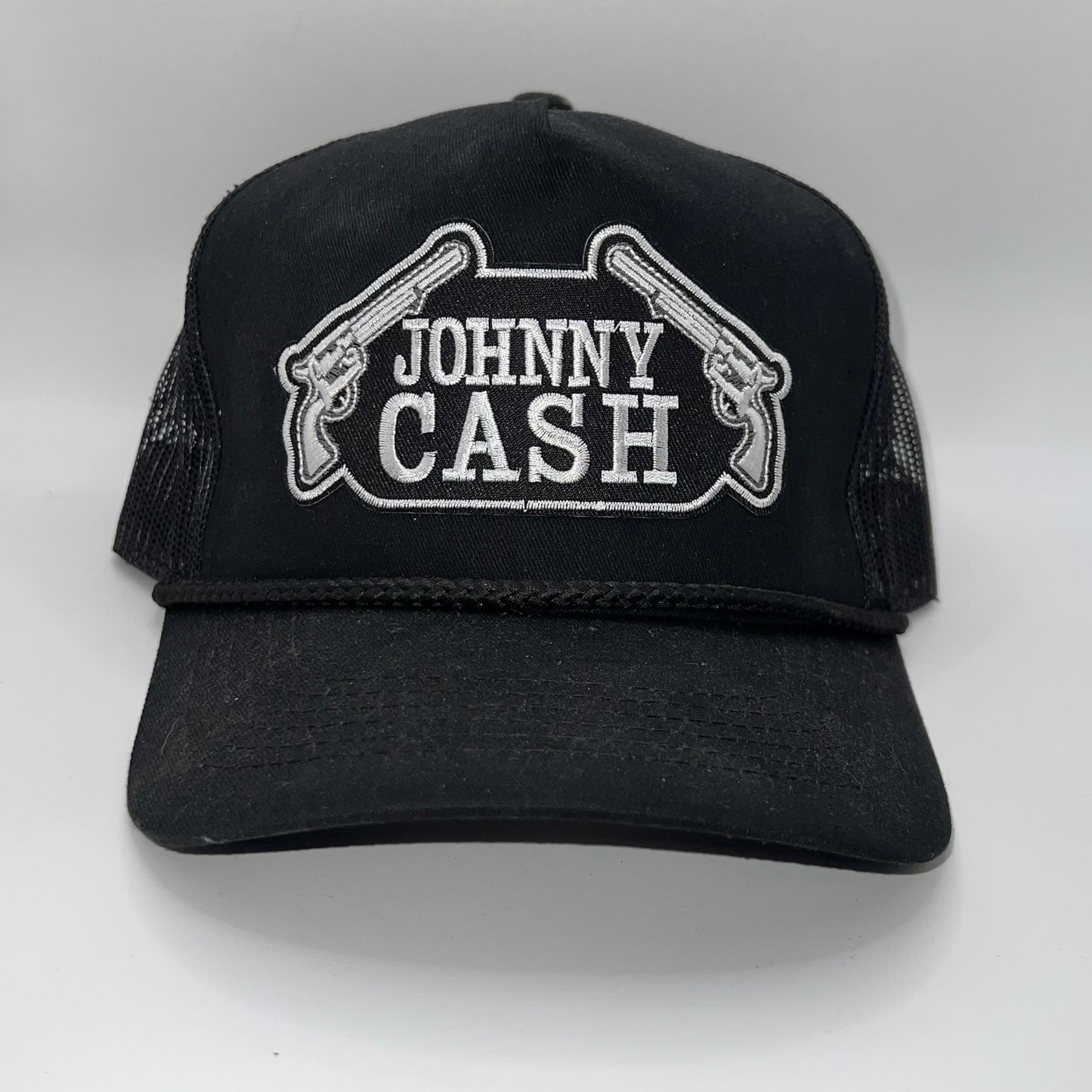 Johnny Cash Revolver Patch Trucker Cap | Black Mesh Snapback Hat