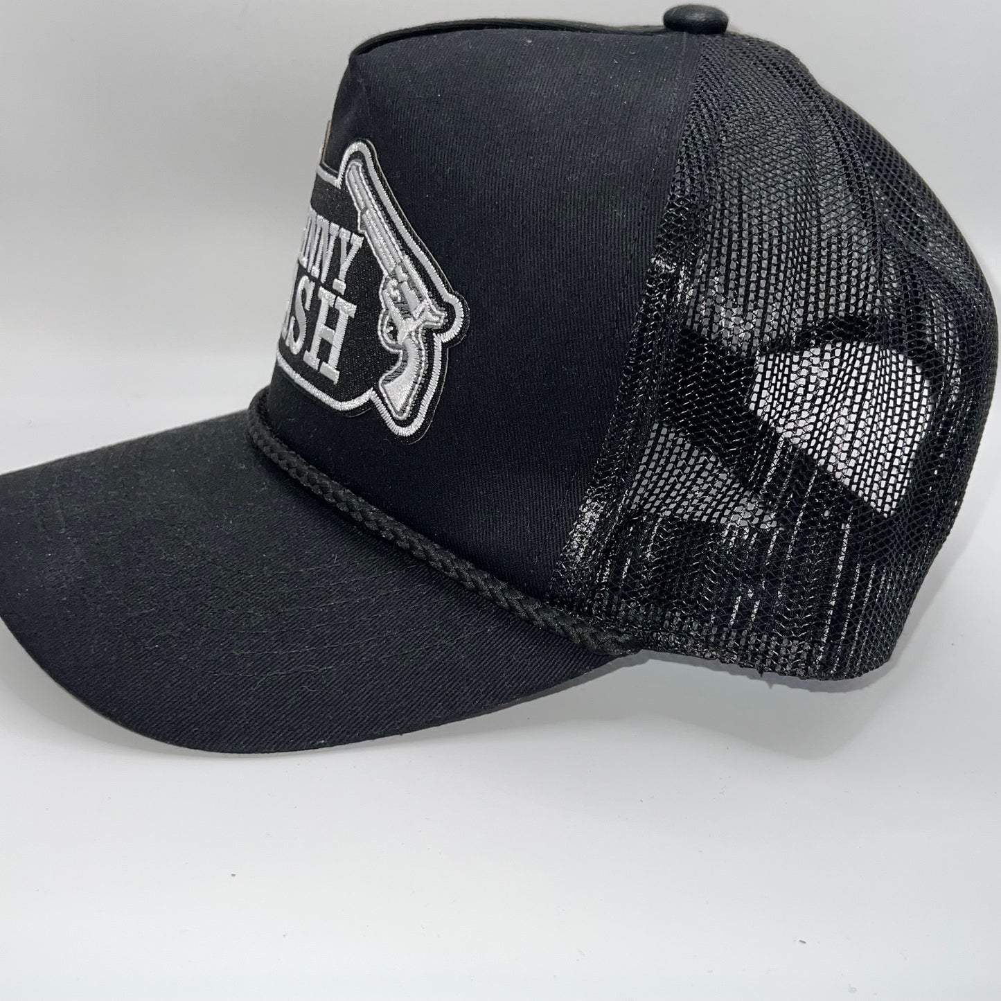 Johnny Cash Revolver Patch Trucker Cap | Black Mesh Snapback Hat