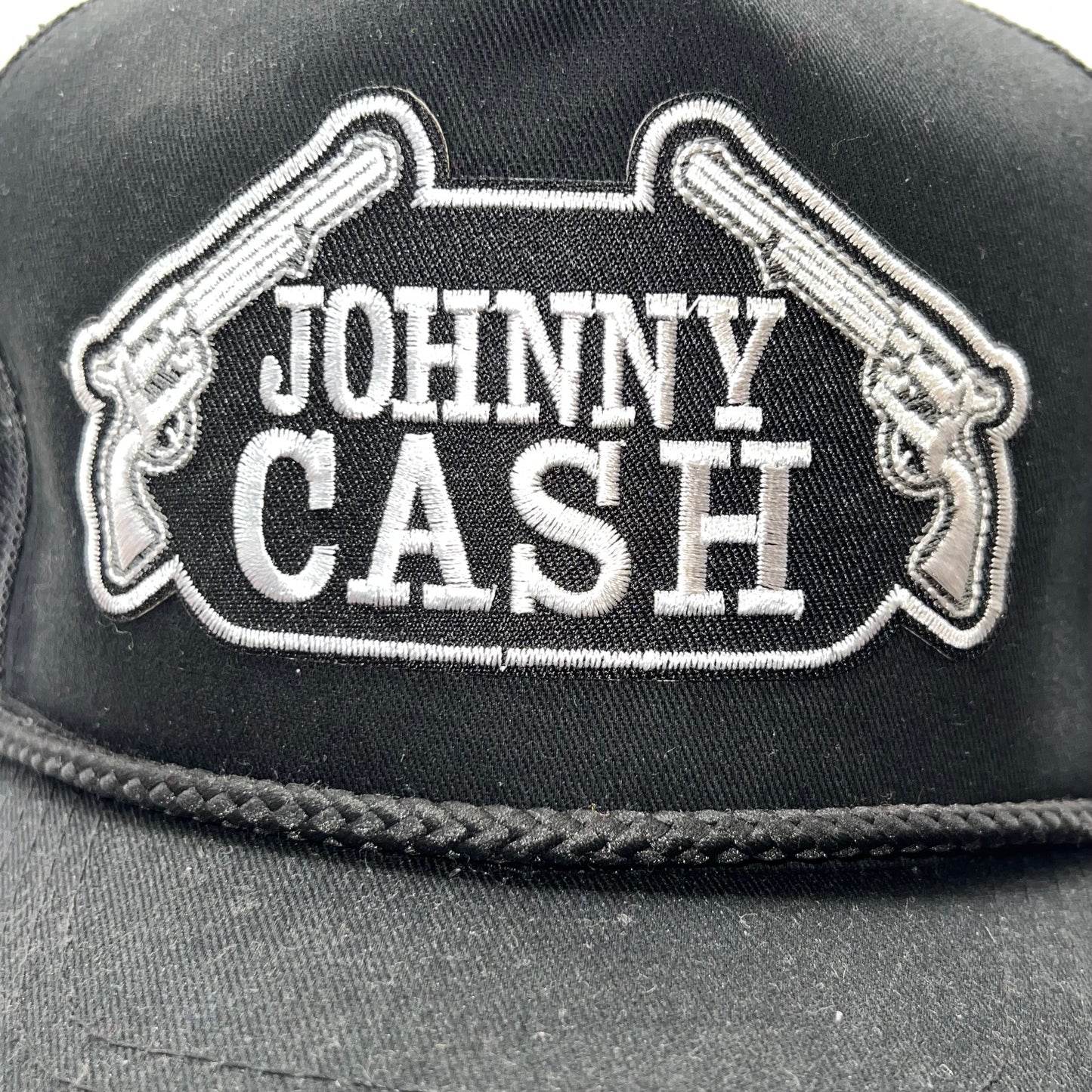 Johnny Cash Revolver Patch Trucker Cap | Black Mesh Snapback Hat