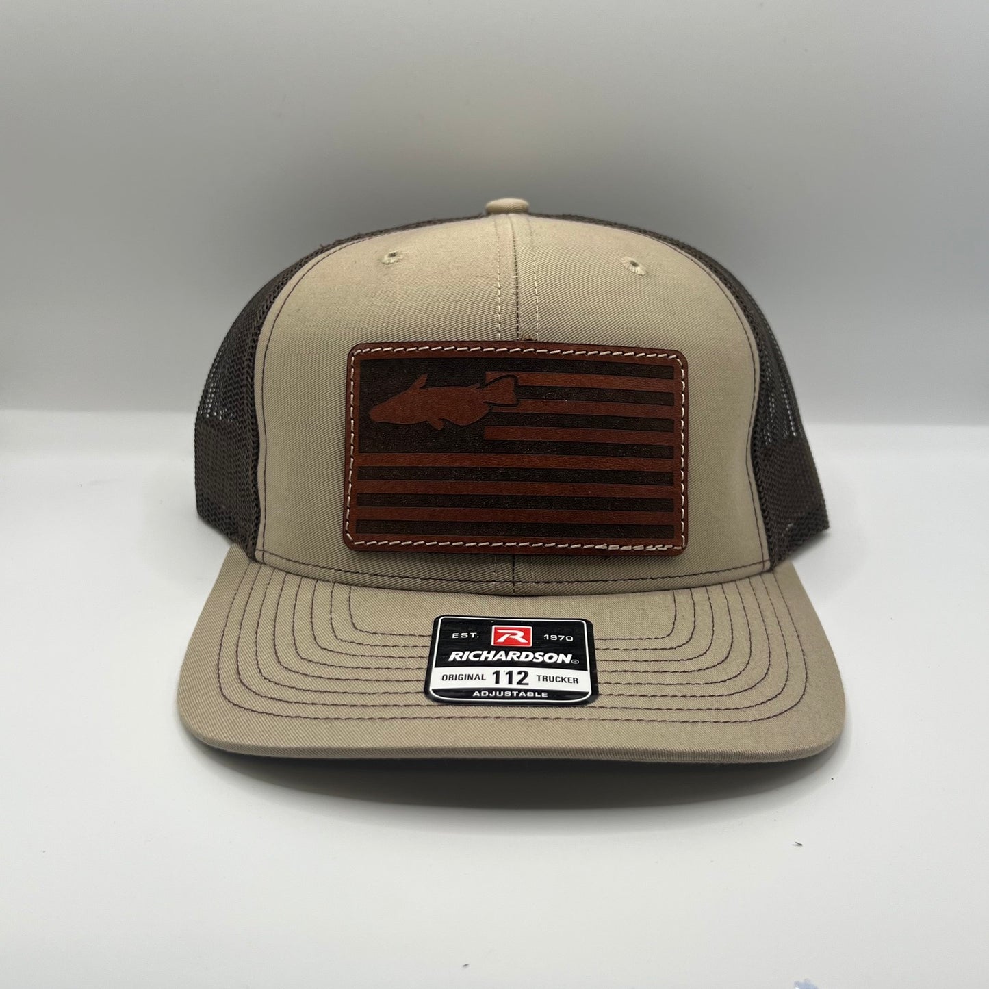 Catfish USA Leather Patch Cap | Richardson 112 Trucker Snapback | Khaki/Brown