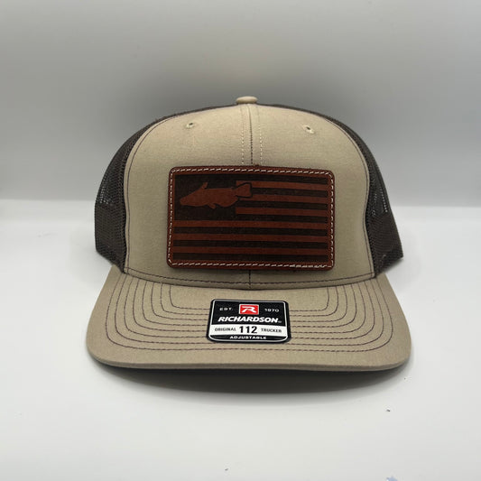 Catfish USA Leather Patch Cap | Richardson 112 Trucker Snapback | Khaki/Brown