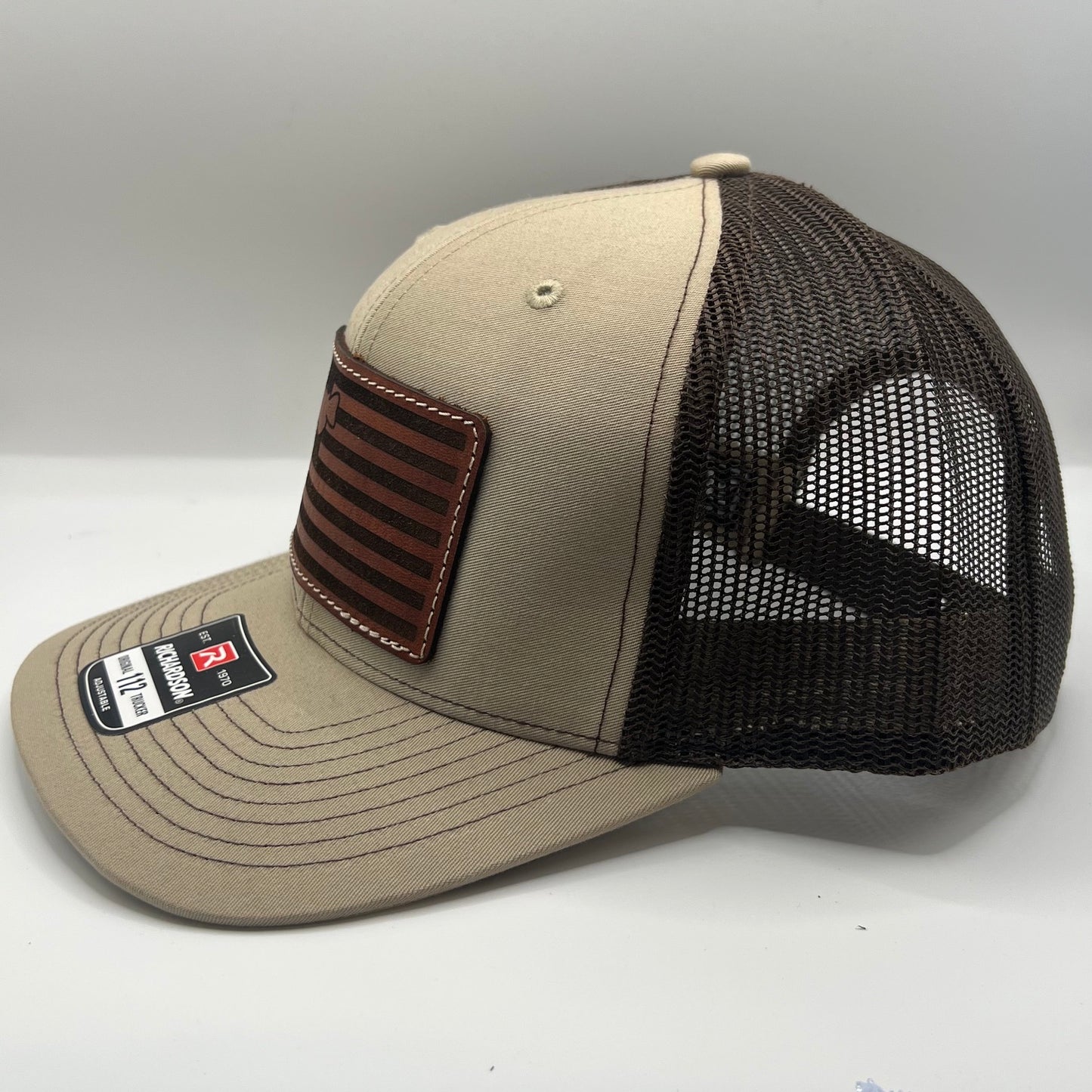 Catfish USA Leather Patch Cap | Richardson 112 Trucker Snapback | Khaki/Brown
