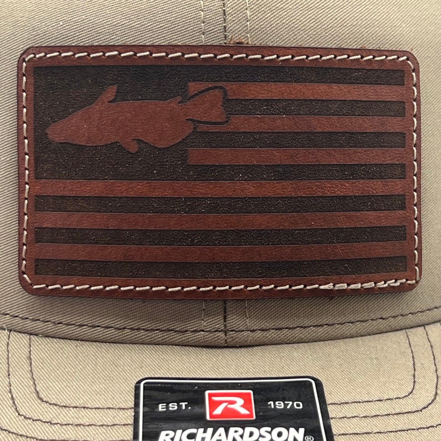 Catfish USA Leather Patch Cap | Richardson 112 Trucker Snapback | Khaki/Brown