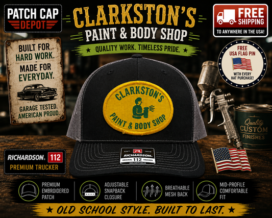 Clarkston's Paint & Body Shop Patch Cap – Richardson 112 Black/Charcoal Trucker Snapback
