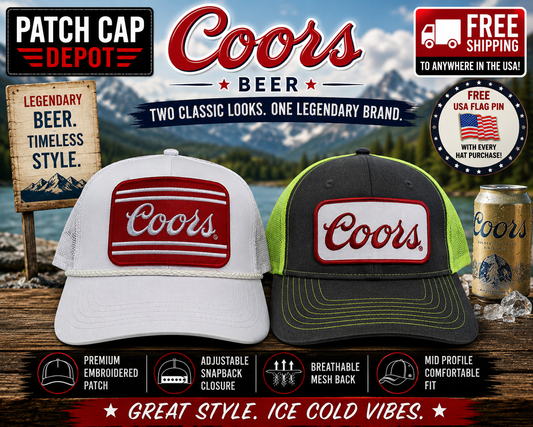 Coors Beer Patch Cap | White Rope & Charcoal/Neon Trucker Caps