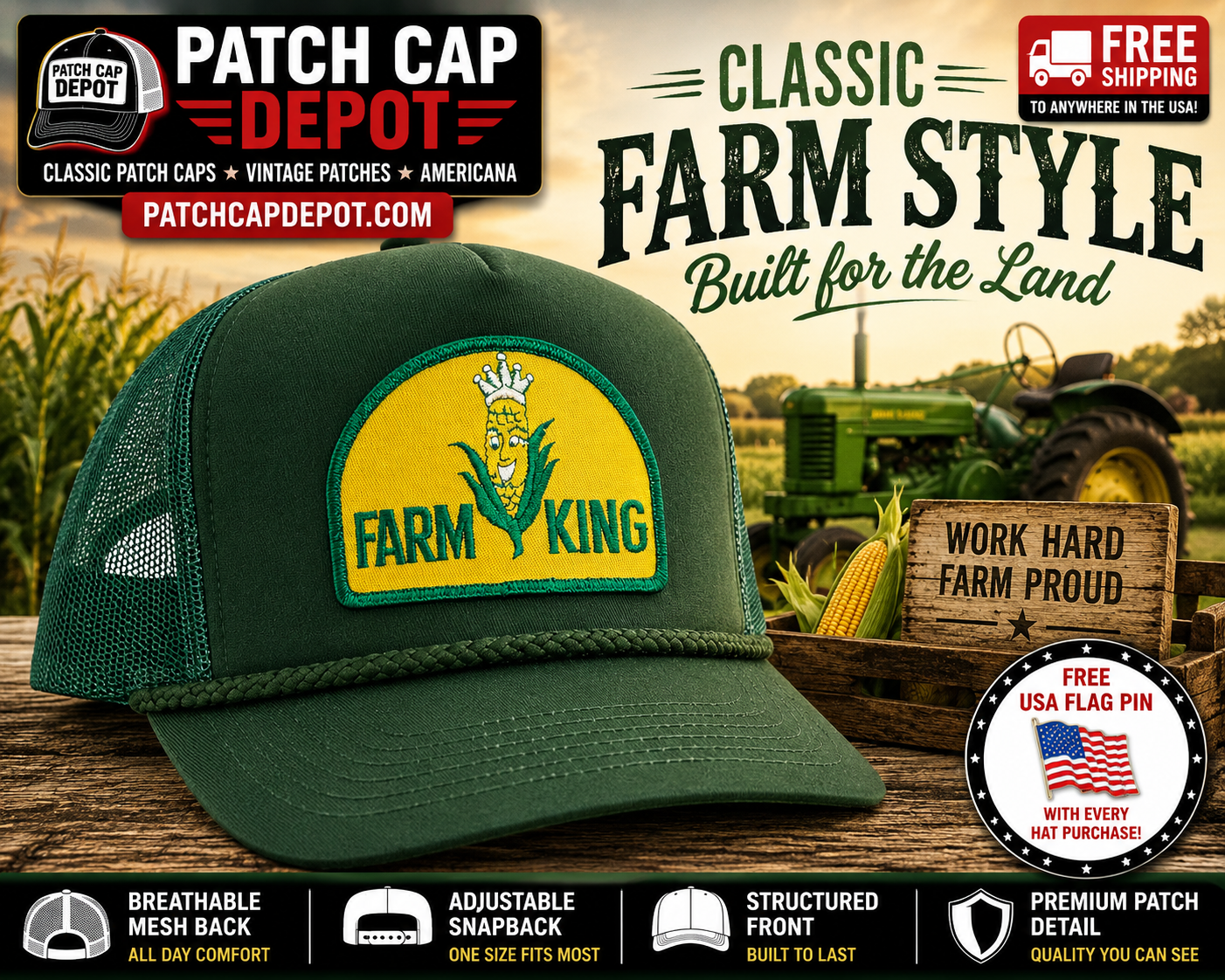 Farm King Vintage Patch Cap Green Rope Trucker Farm Corn Hat