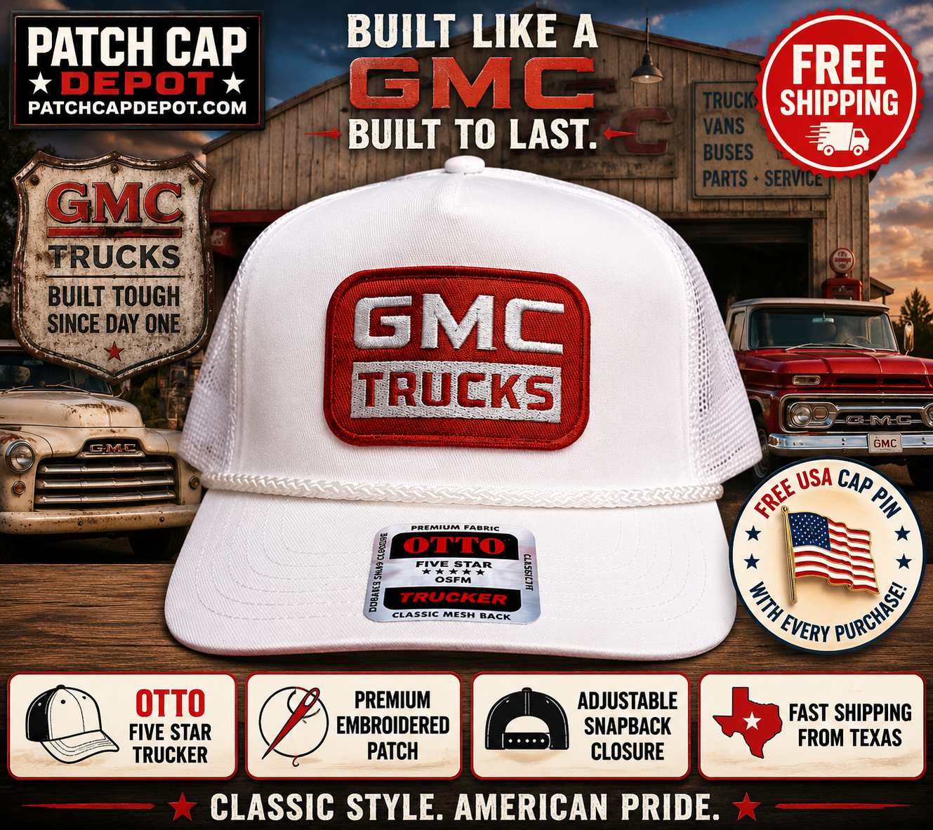 Vintage GMC Trucks Patch Cap | White Rope Otto Trucker Snapback