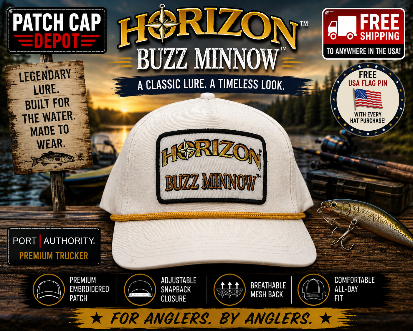 Horizon Buzz Minnow Patch Cap | Port Authority White Rope Trucker Hat