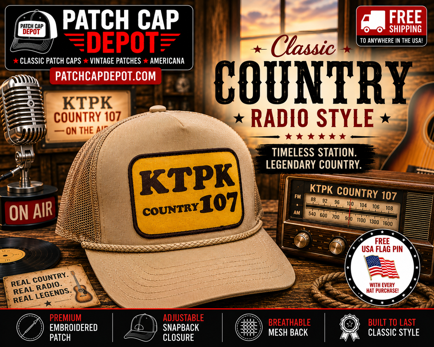 Vintage KTPK Country 107 Patch Cap | Khaki Rope Trucker Cap | Country Radio Station Hat