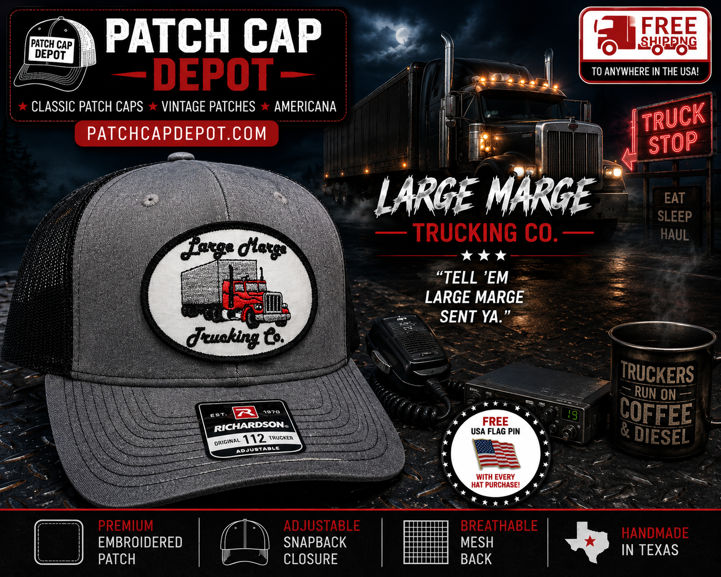 Large Marge Trucking Co. Patch Cap | Richardson 112 Heather Grey/Black