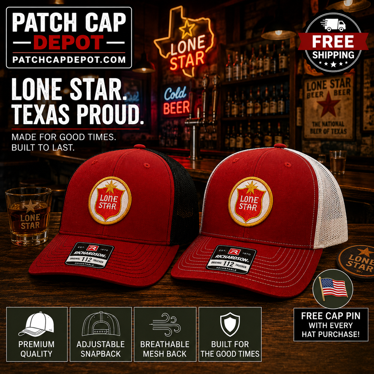 Lone Star Beer Patch Richardson 112 Snapback Trucker Cap | 2 Color Options