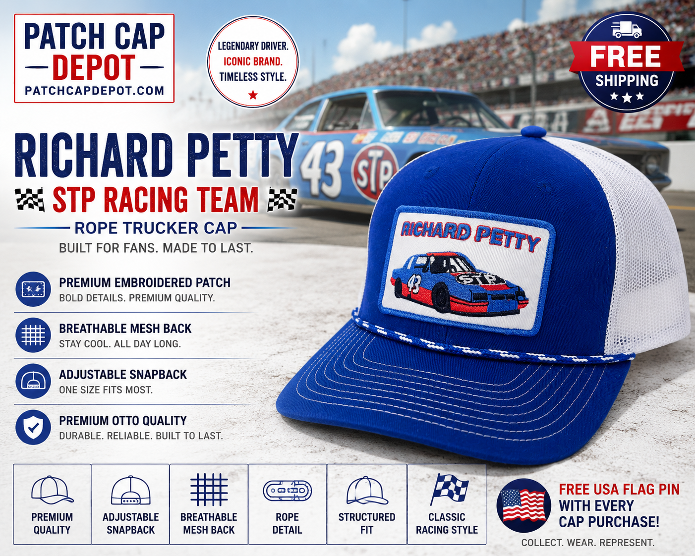 Richard Petty STP #43 Racing Team Rope Trucker Cap | Blue/White The Game