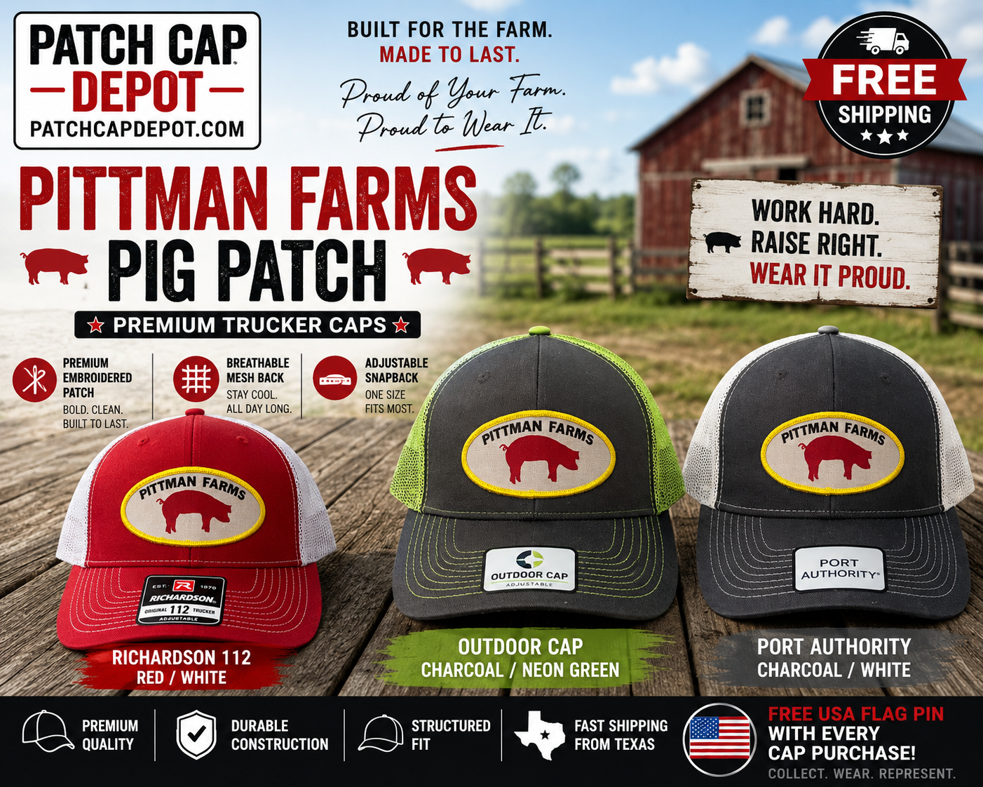 Pittman Farms Pig Patch Snapback Trucker Cap | 3 style 3 colors