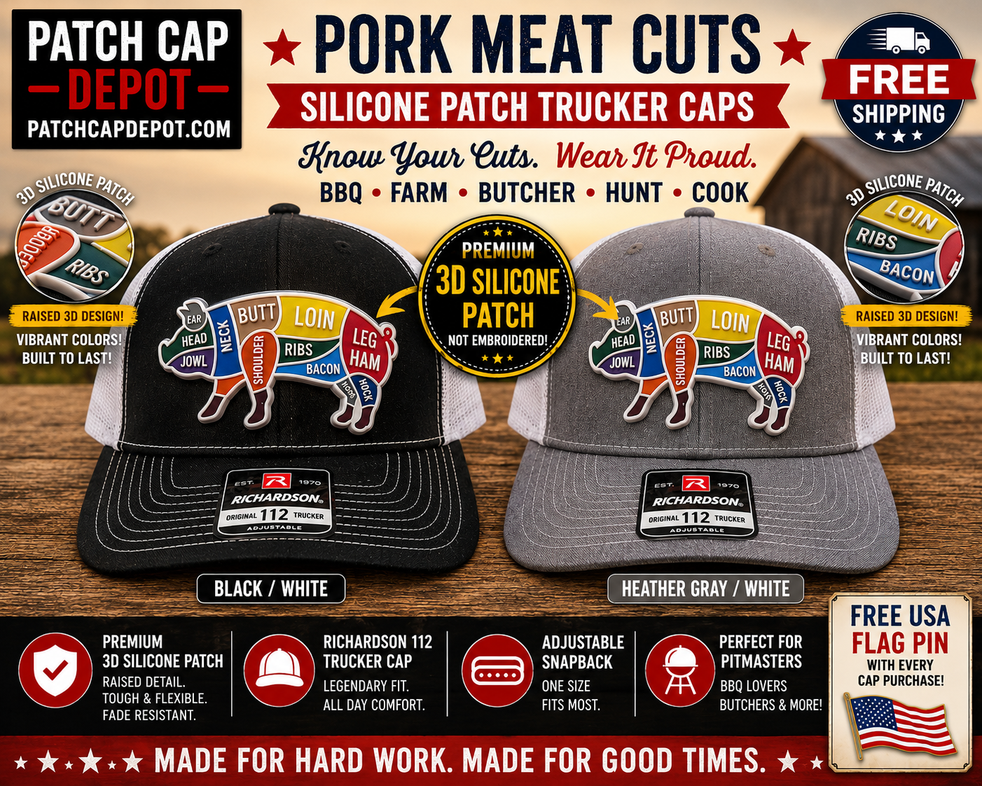 Pig Pork Meat Cuts 3D Silicone Patch Richardson 112 Trucker Cap – 2 Colors