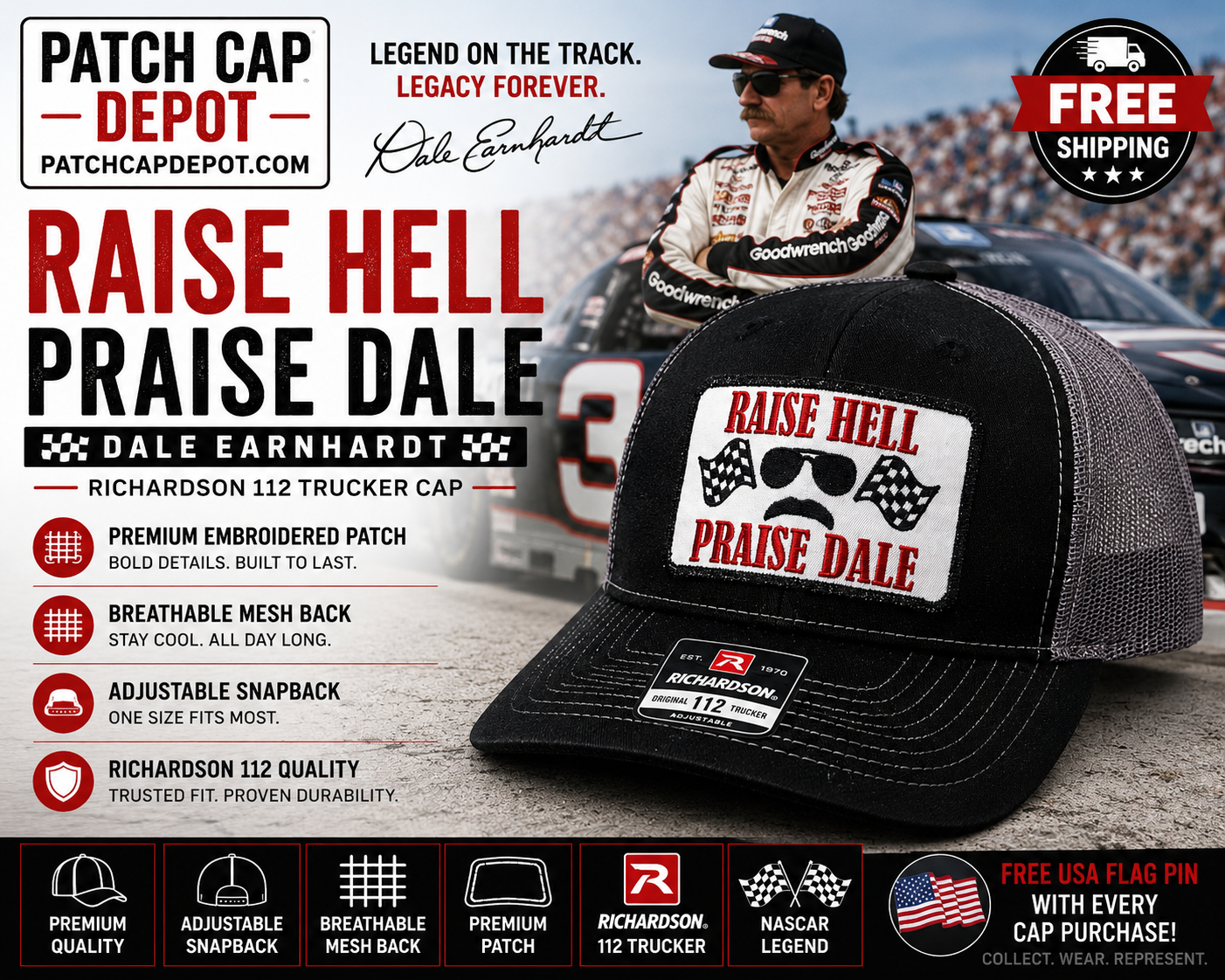 Raise Hell Praise Dale Earnhardt Trucker Cap | Richardson 112 Black/Charcoal