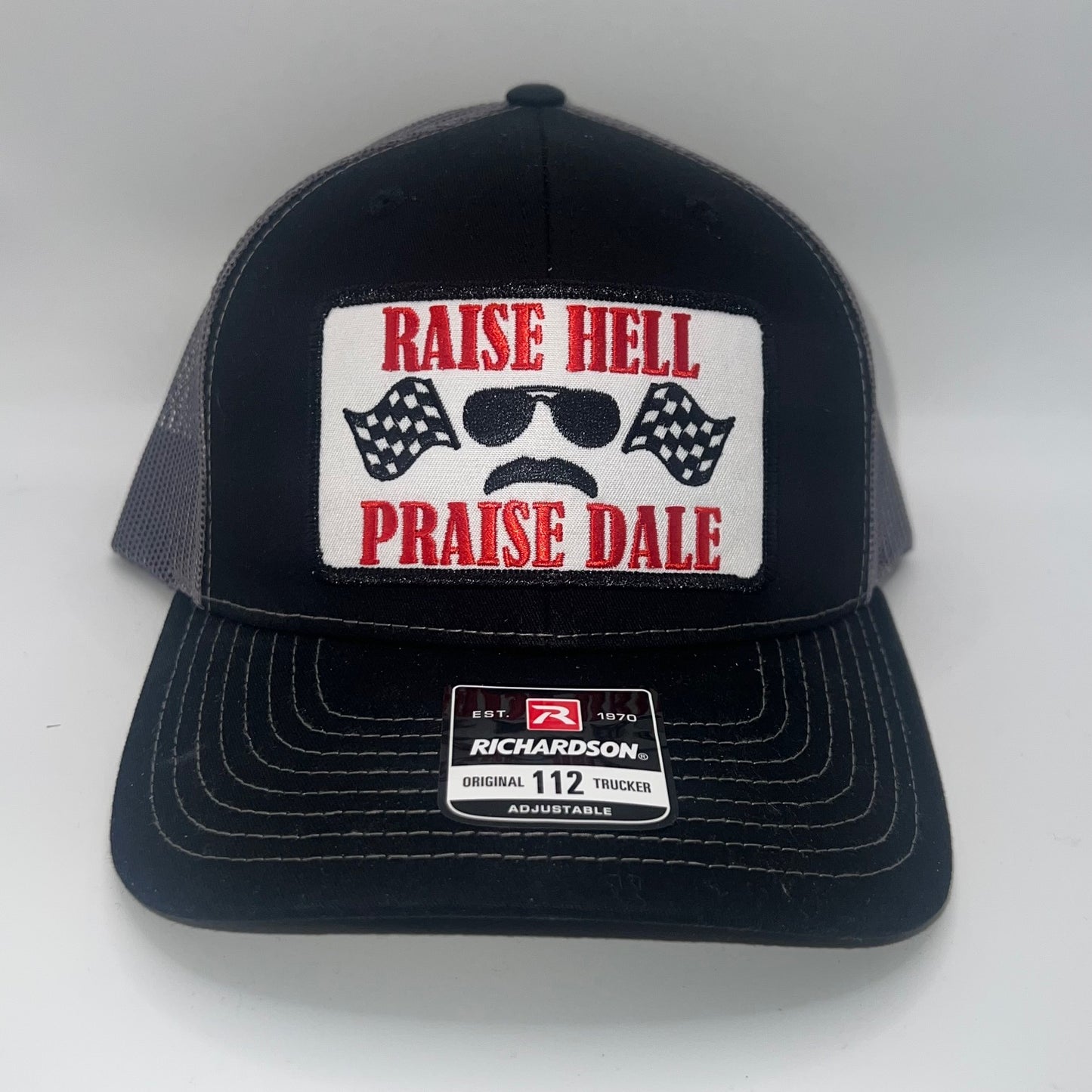 Raise Hell Praise Dale Earnhardt Trucker Cap | Richardson 112 Black/Charcoal