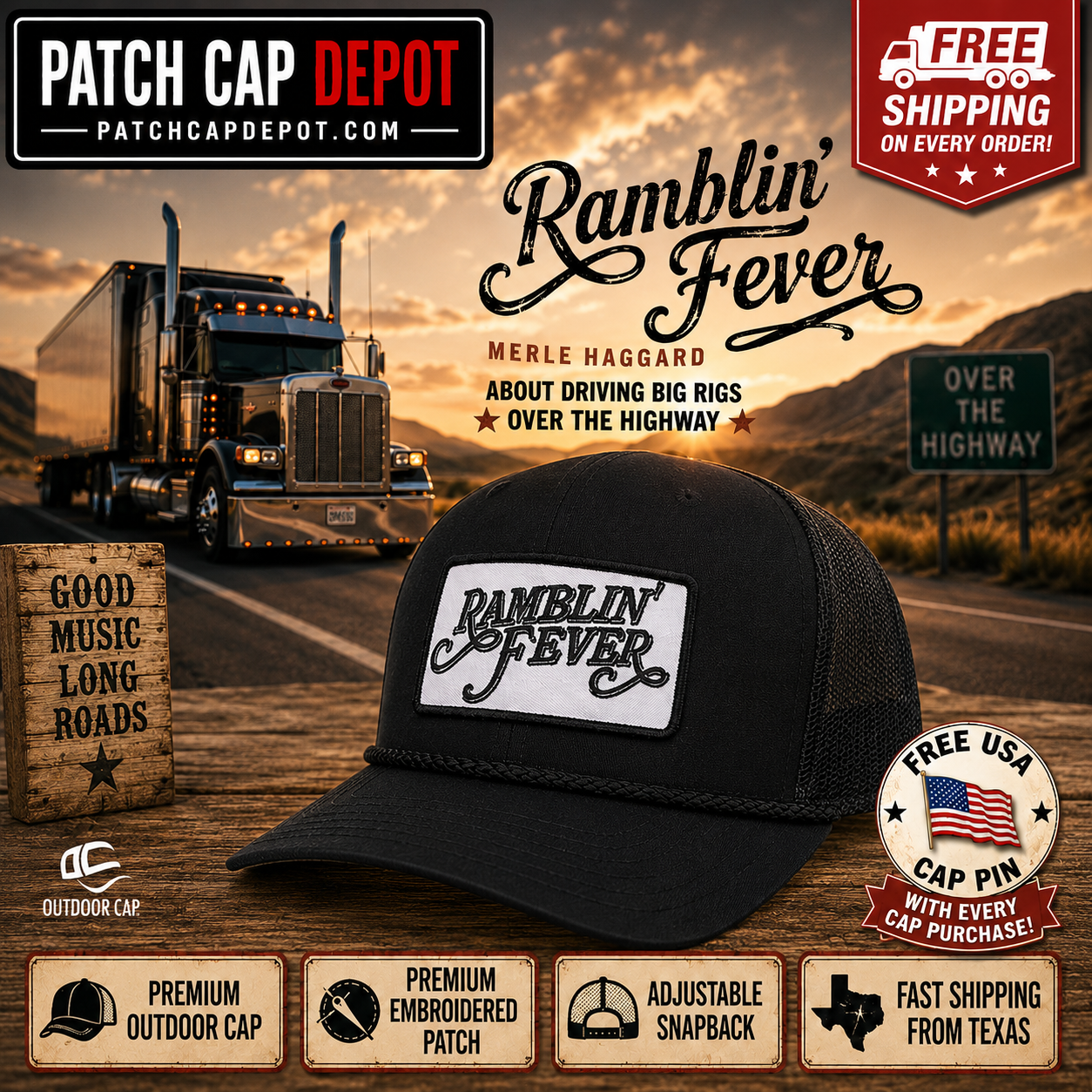 Ramblin' Fever Patch Cap | Black Rope Trucker Cap | Outdoor Cap Snapback