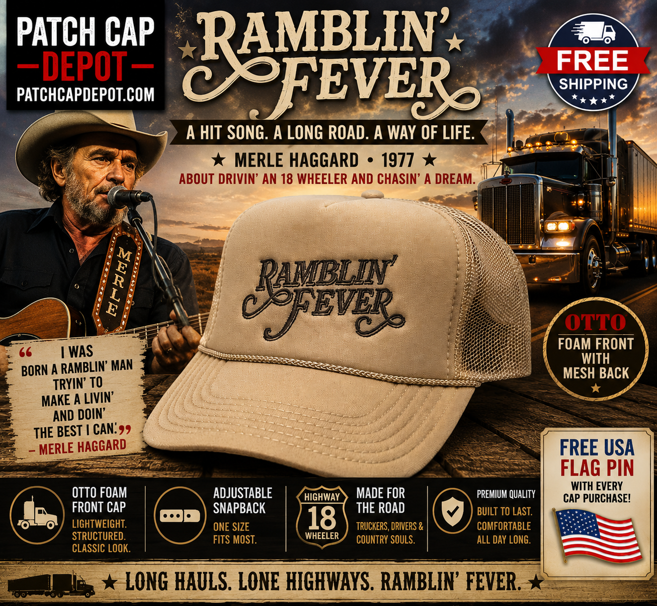 Ramblin' Fever Otto Foam Embroidered Front Mesh Back Trucker Cap – Merle Haggard