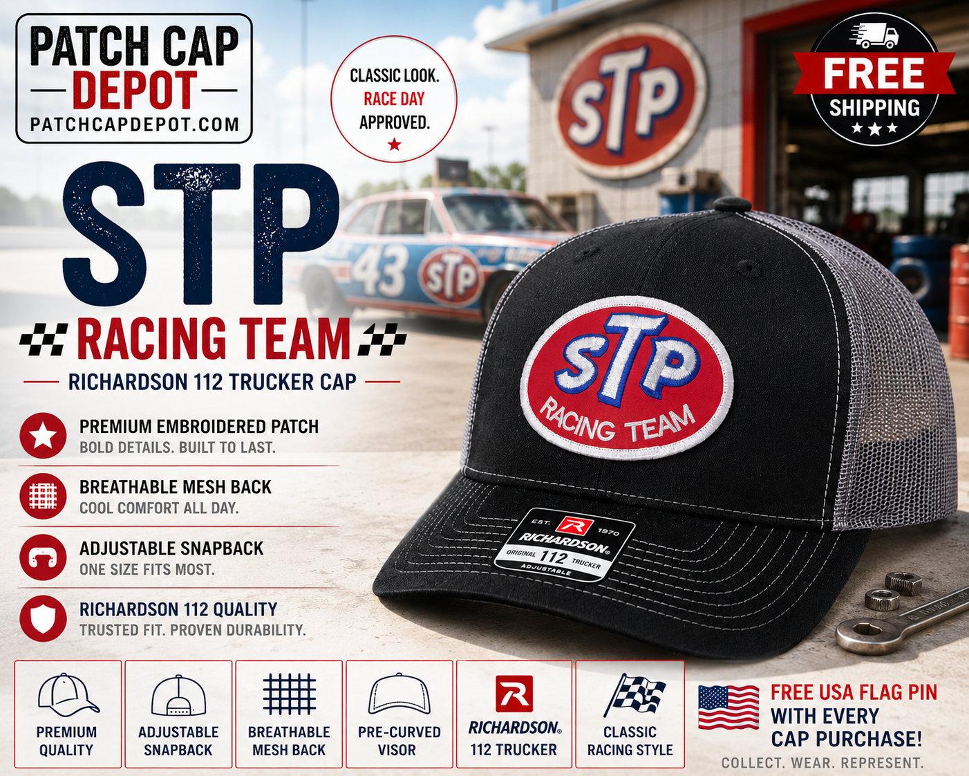 STP Racing Team Patch Cap – Richardson 112 Black/Charcoal Snapback Trucker