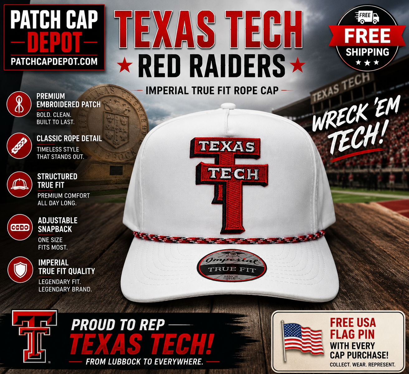 Texas Tech Red Raiders Imperial True Fit White Rope Cap | Patch Cap