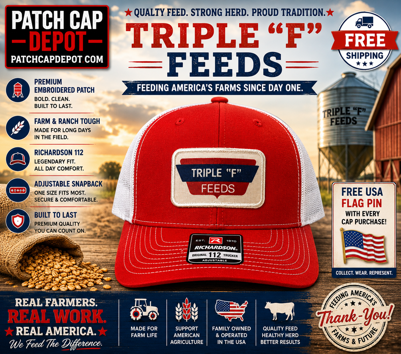 Triple "F" Feeds Richardson 112 Trucker Cap – Red/White Farm Patch Hat