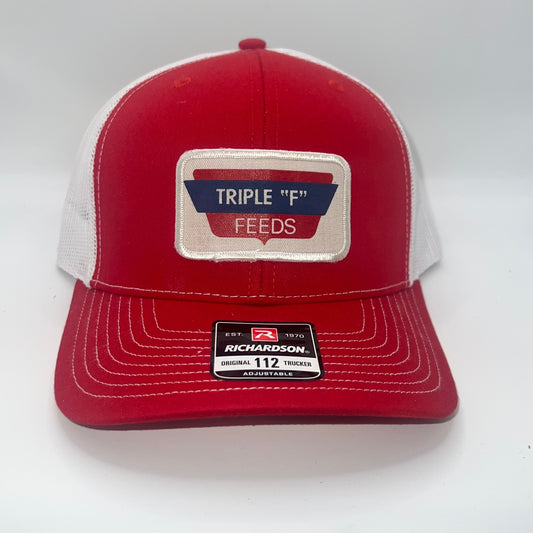 Triple "F" Feeds Richardson 112 Trucker Cap – Red/White Farm Patch Hat