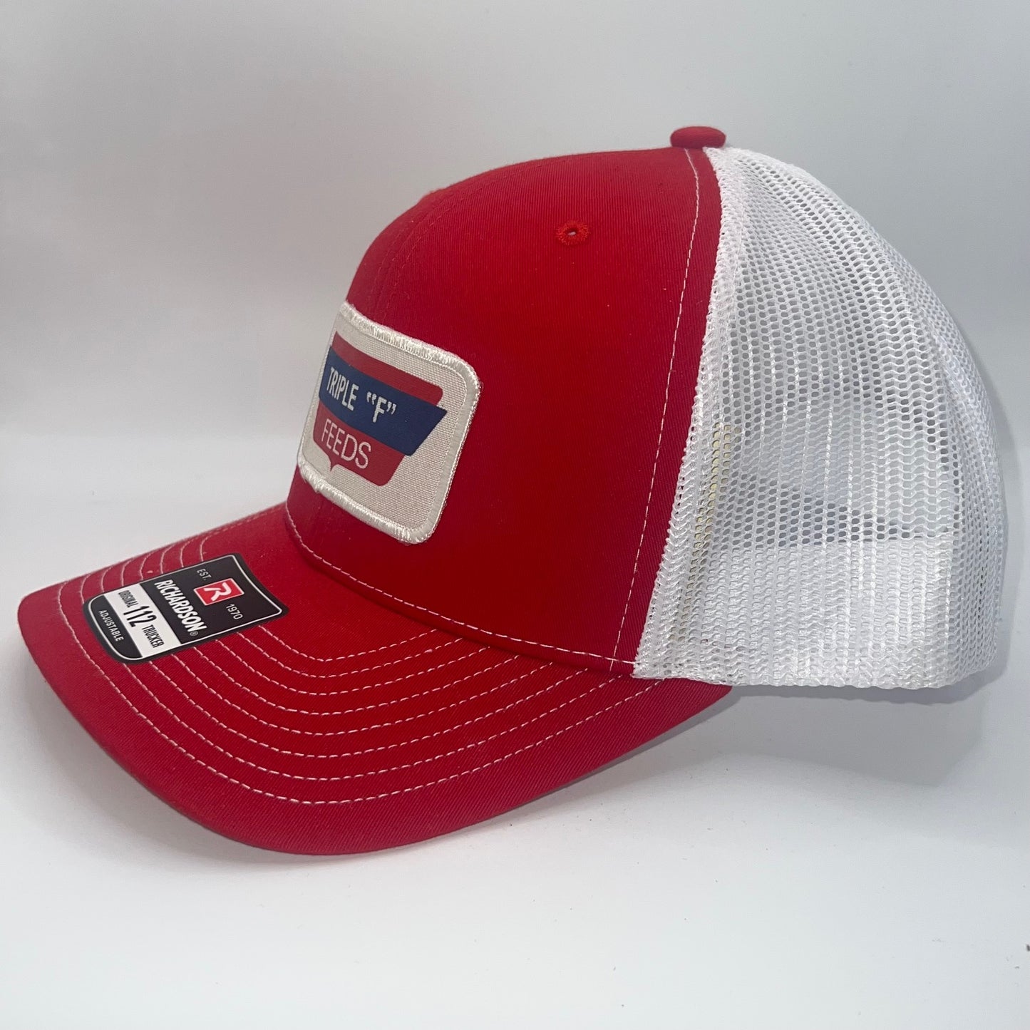 Triple "F" Feeds Richardson 112 Trucker Cap – Red/White Farm Patch Hat