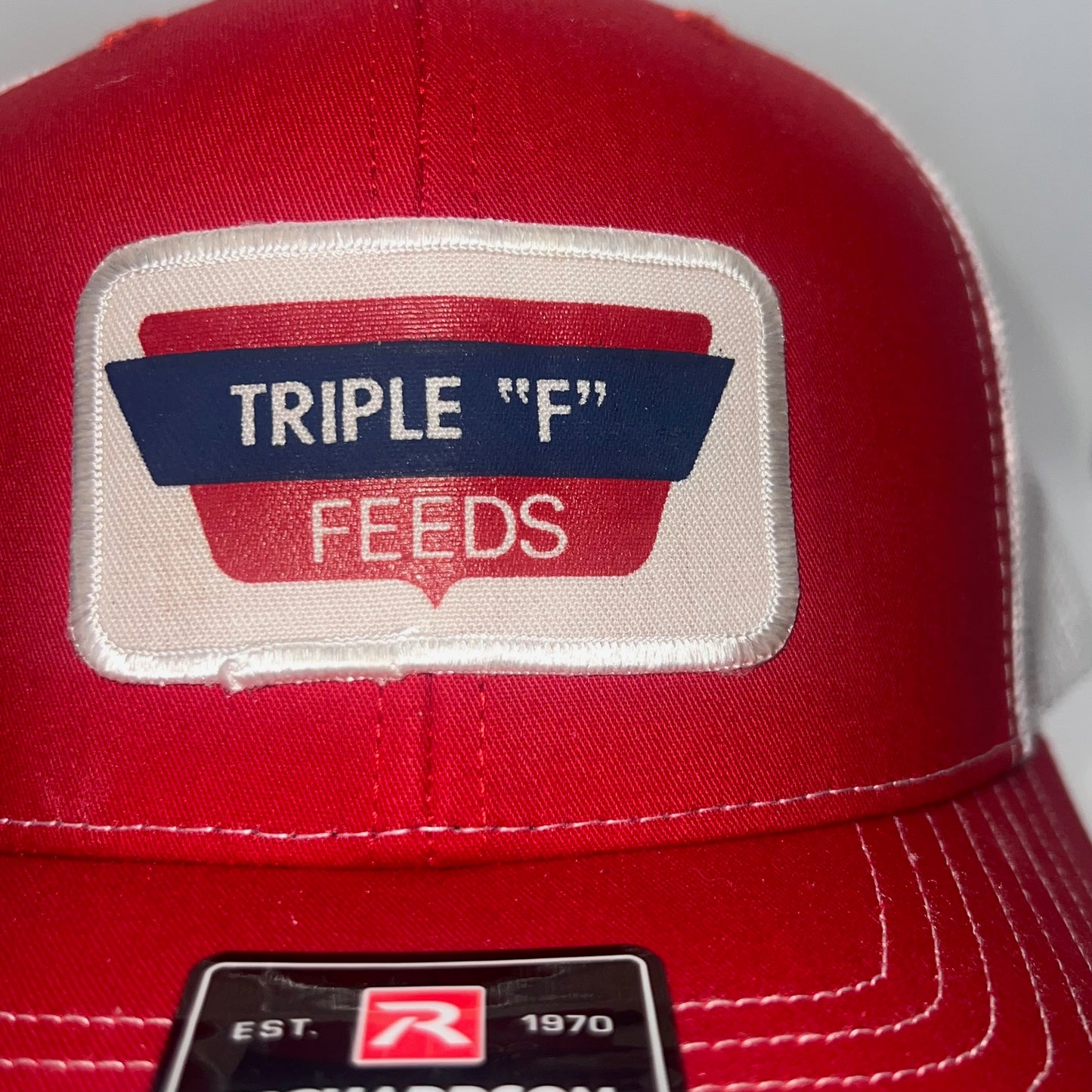 Triple "F" Feeds Richardson 112 Trucker Cap – Red/White Farm Patch Hat