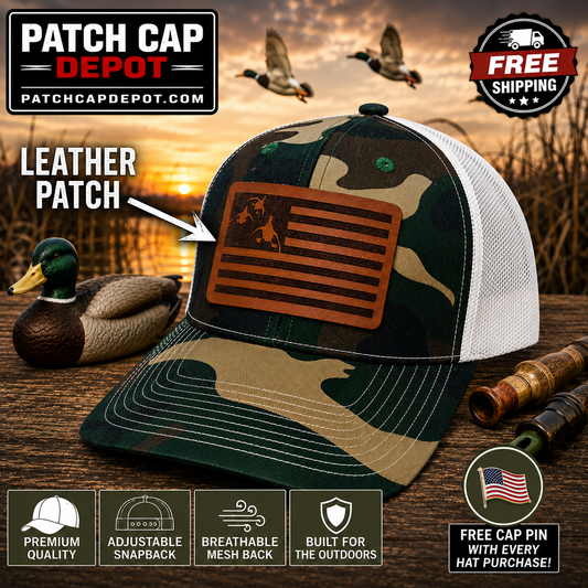 Camo Duck Hunting American Flag Leather Patch Trucker Cap