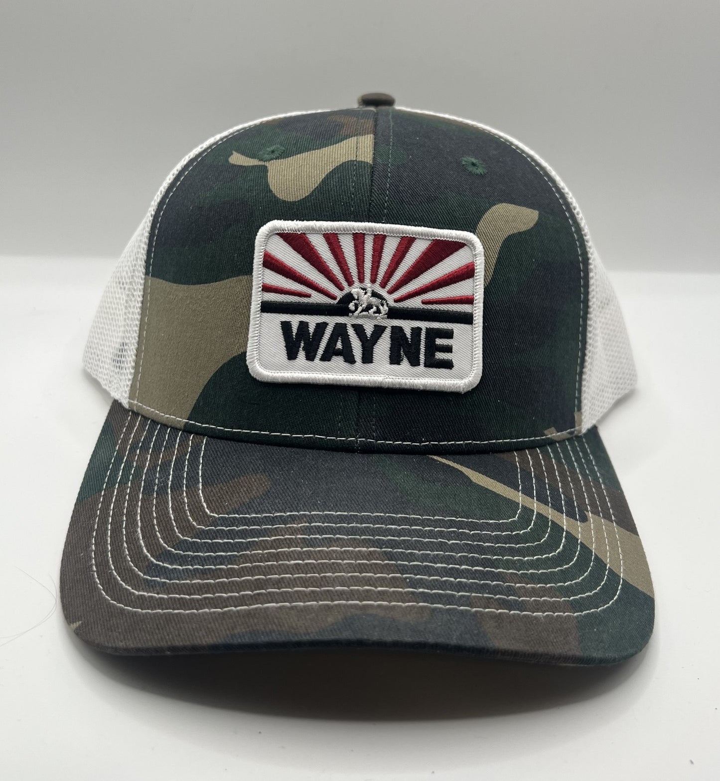 Wayne Feeds Patch Camo Trucker Cap | White Mesh Snapback Hat