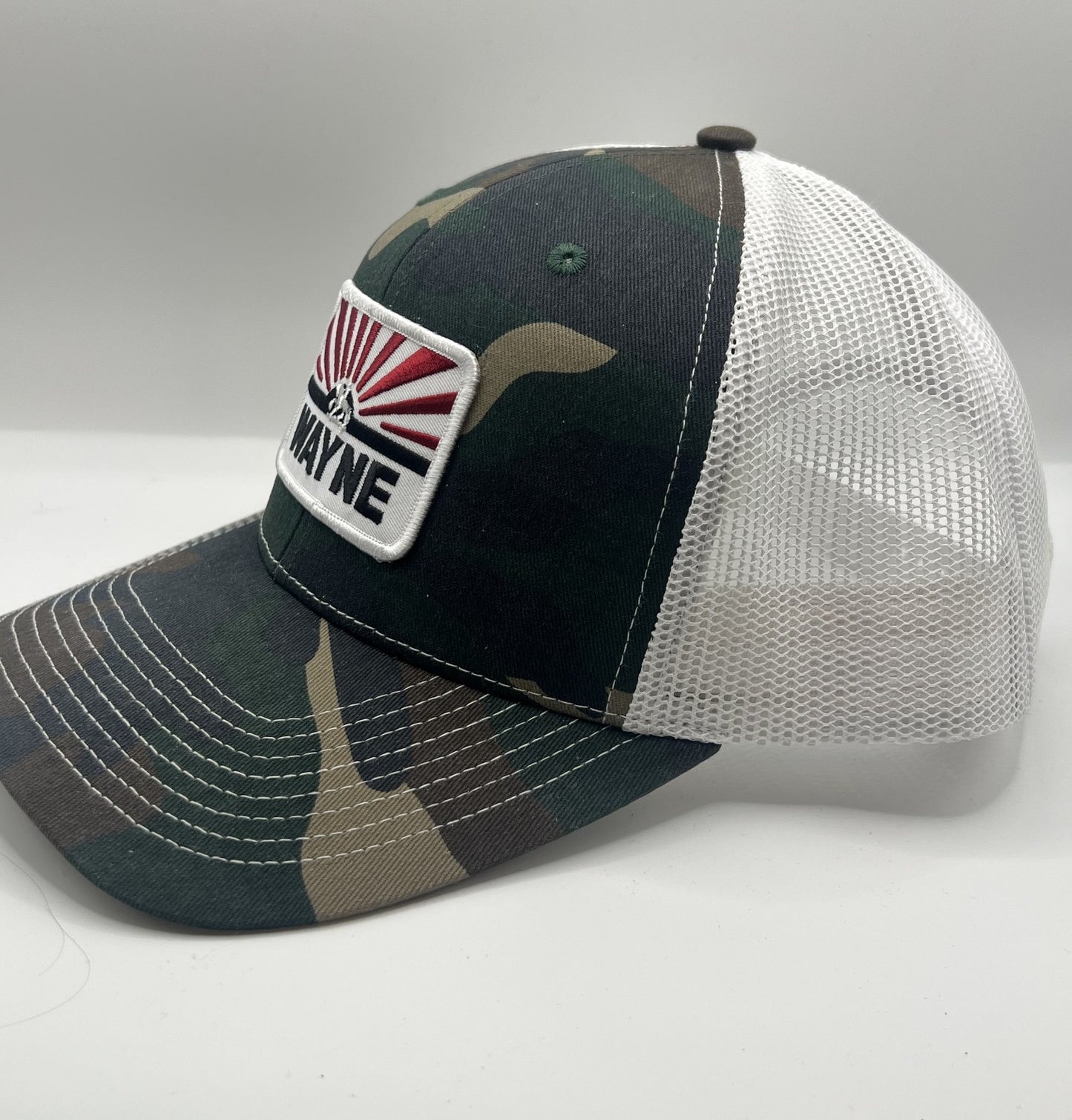 Wayne Feeds Patch Camo Trucker Cap | White Mesh Snapback Hat