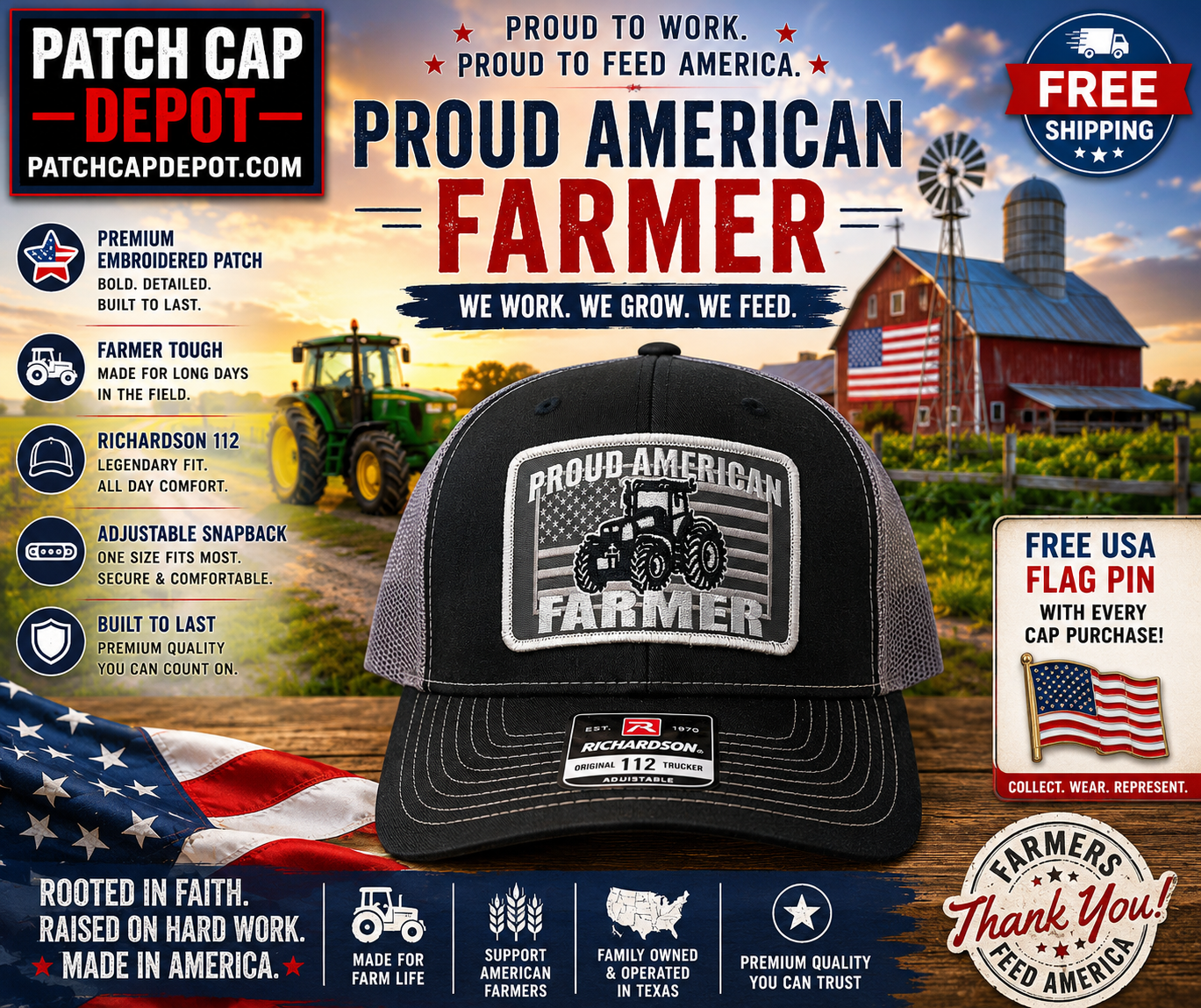 Proud American Farmer Tractor Patch Richardson 112 Trucker Cap