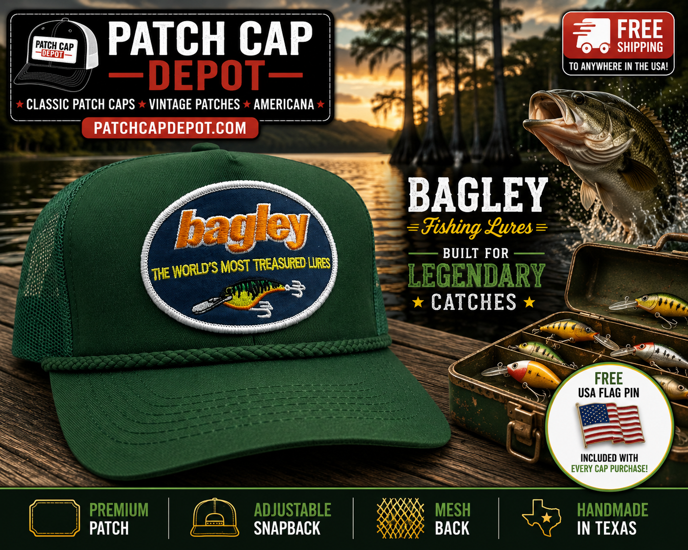 Bagley Fishing Lures Patch Cap | Green Rope Trucker Snapback