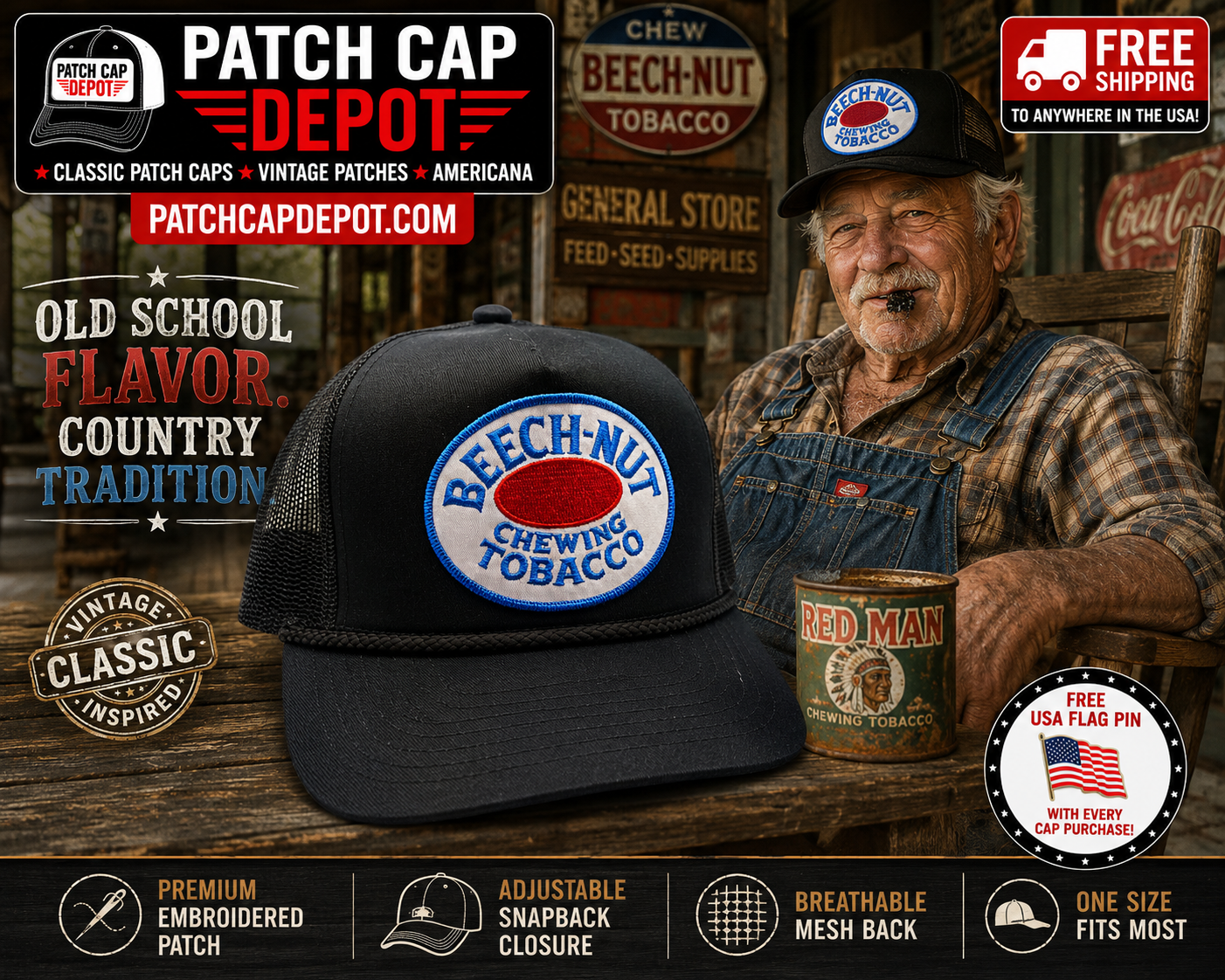 Beech-Nut Chewing Tobacco Vintage Patch Trucker Cap – Black Rope Snapback