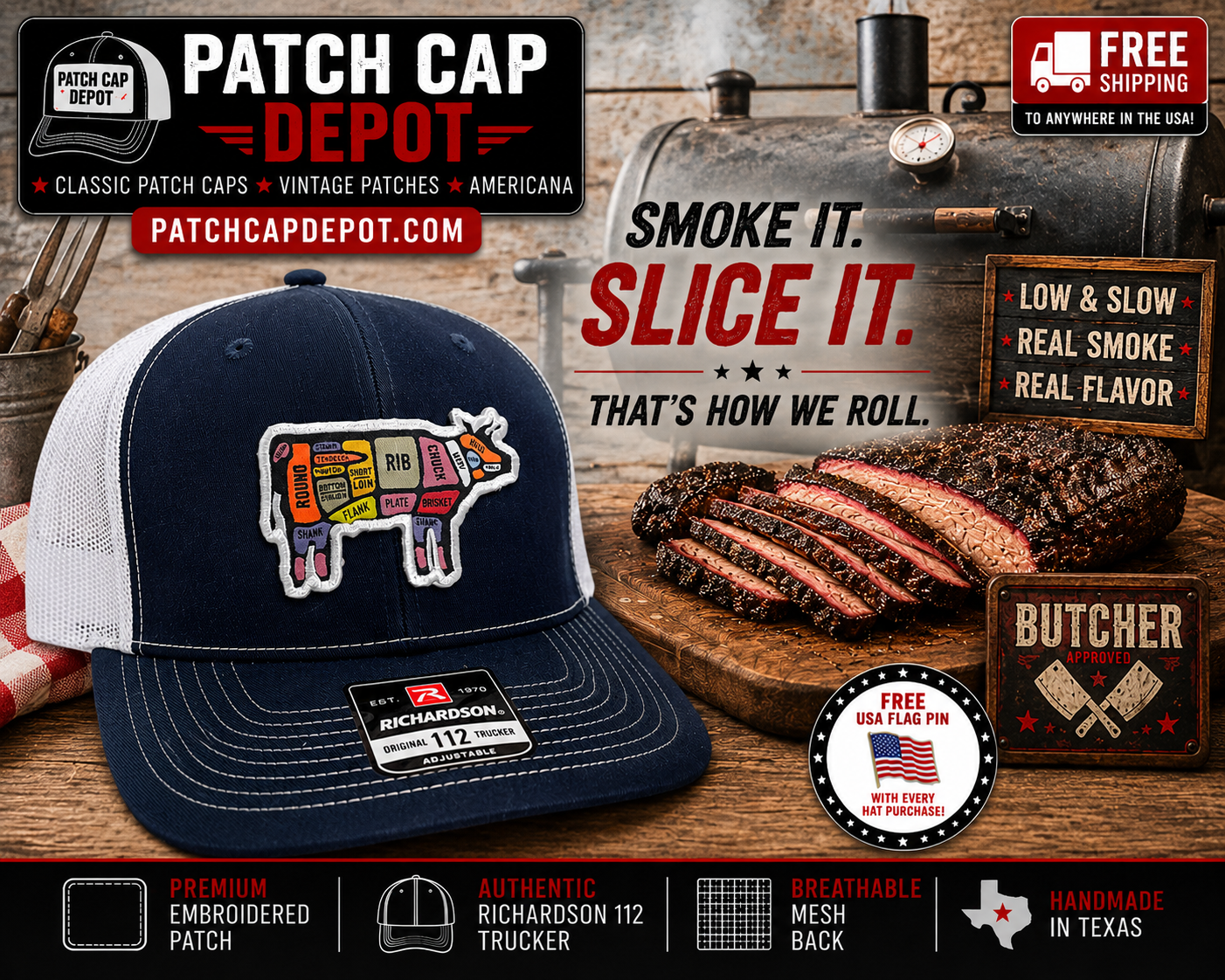 Beef Cow Butcher Chart Richardson 112 Trucker Hat | BBQ Smoker Meat Lover Cap