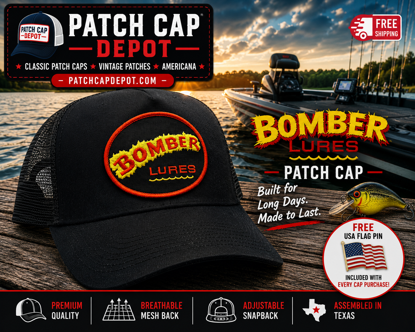 Bomber Lures Patch Cap | Black Trucker Snapback