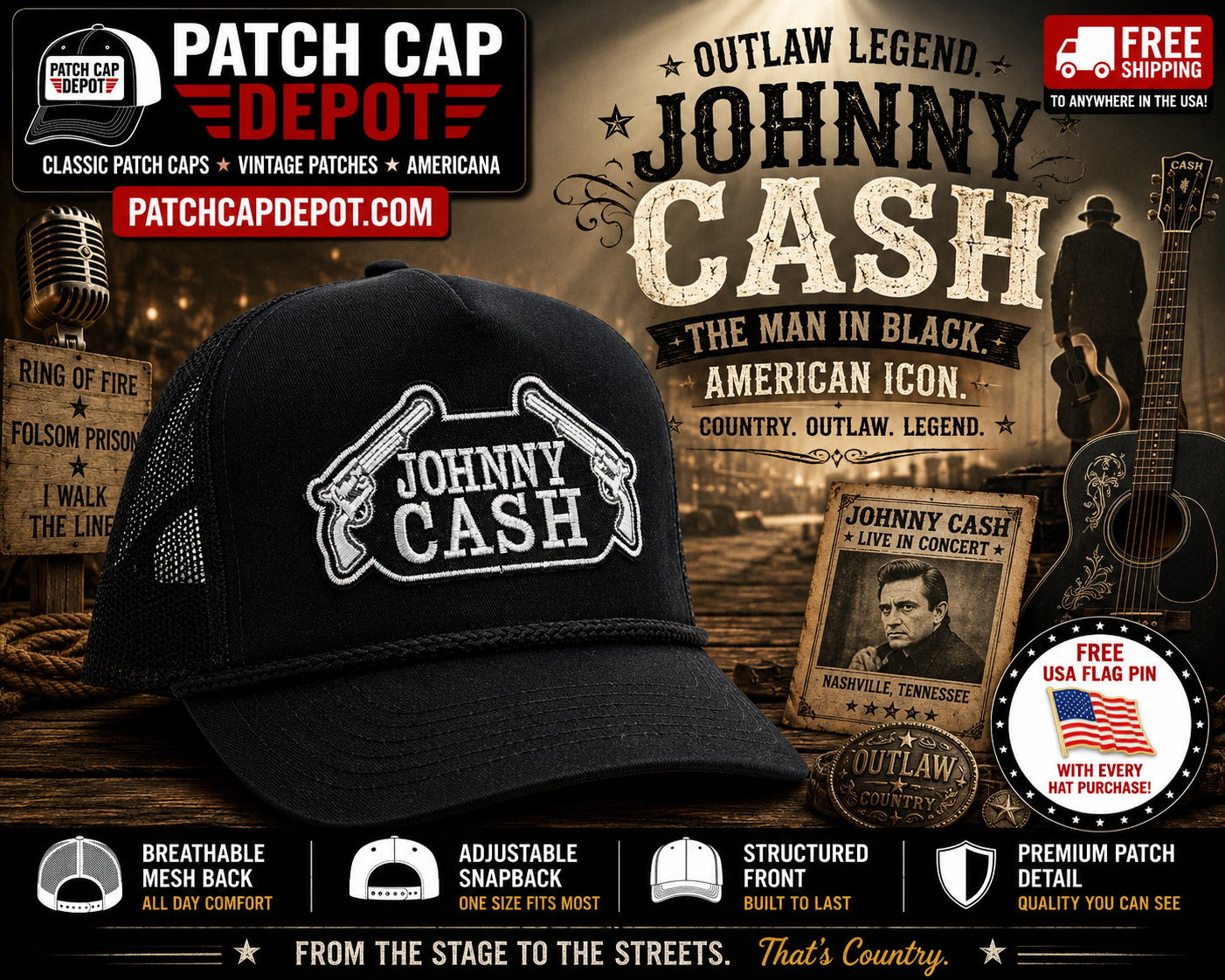 Johnny Cash Revolver Patch Trucker Cap | Black Mesh Snapback Hat