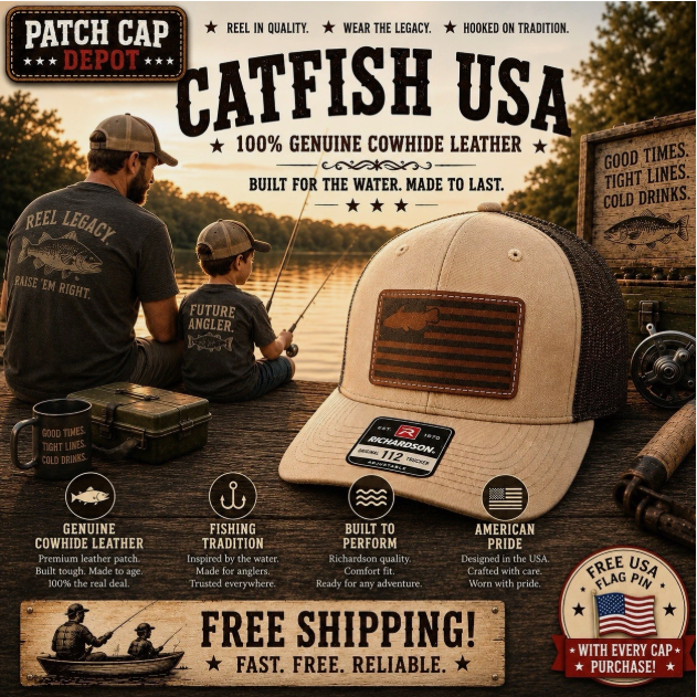 Catfish USA Leather Patch Cap | Richardson 112 Trucker Snapback | Khaki/Brown