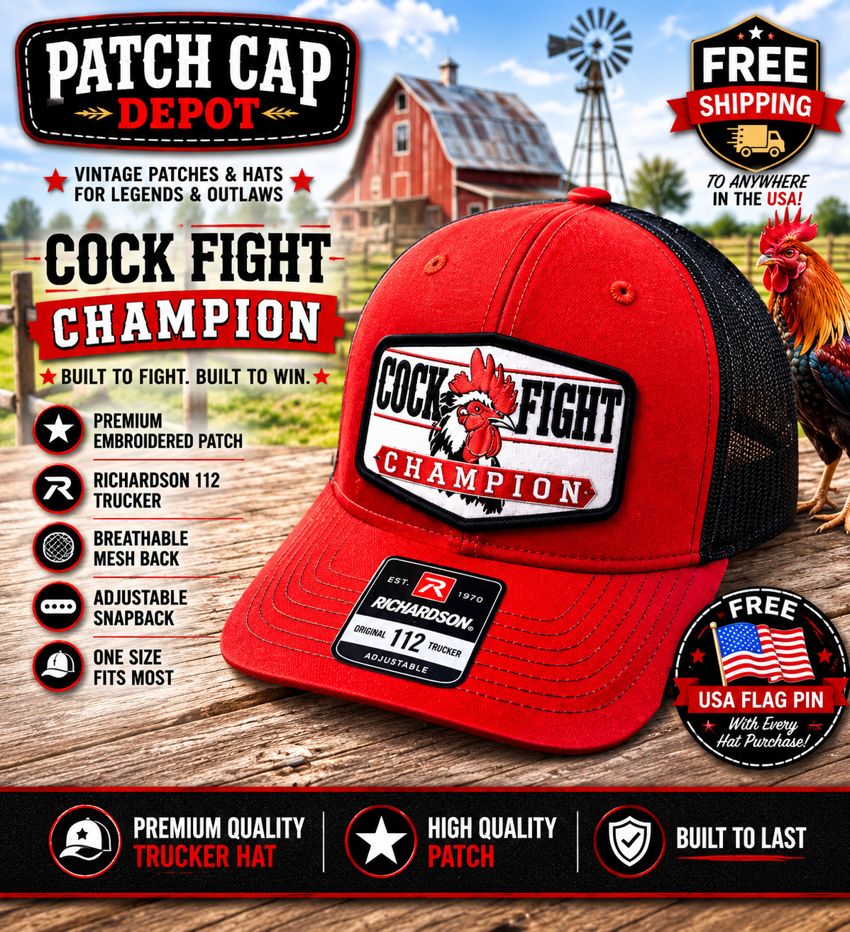 Cock Fight Champion Richardson 112 Trucker Cap – Red/Black Patch Cap