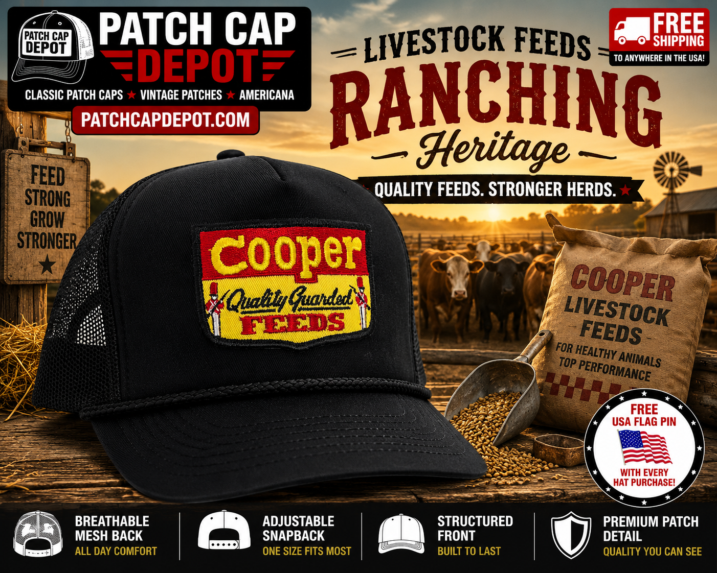 Cooper Feeds Vintage Patch Cap | Black Trucker Snapback