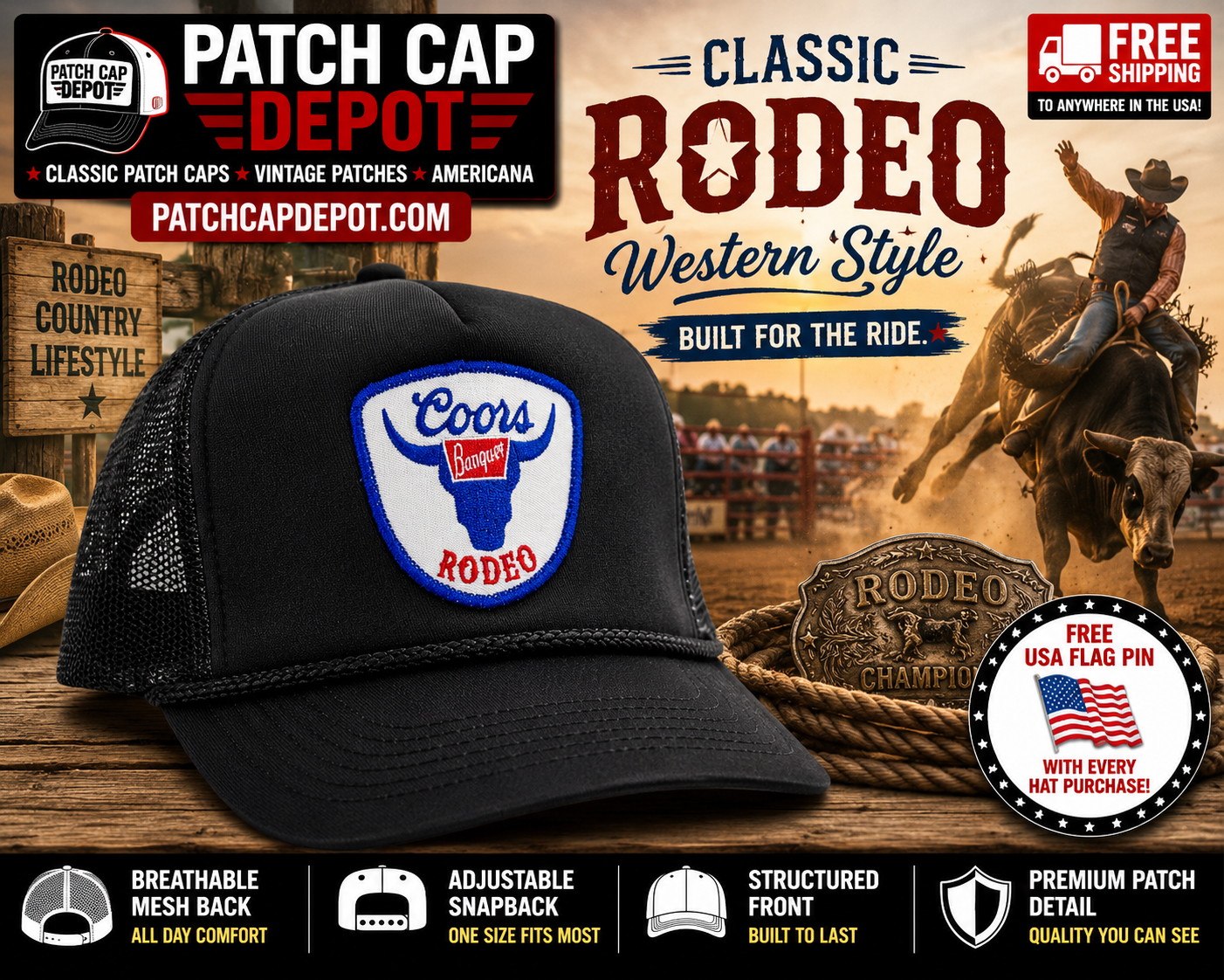 Coors Banquet Rodeo Patch Cap | Black Trucker Snapback