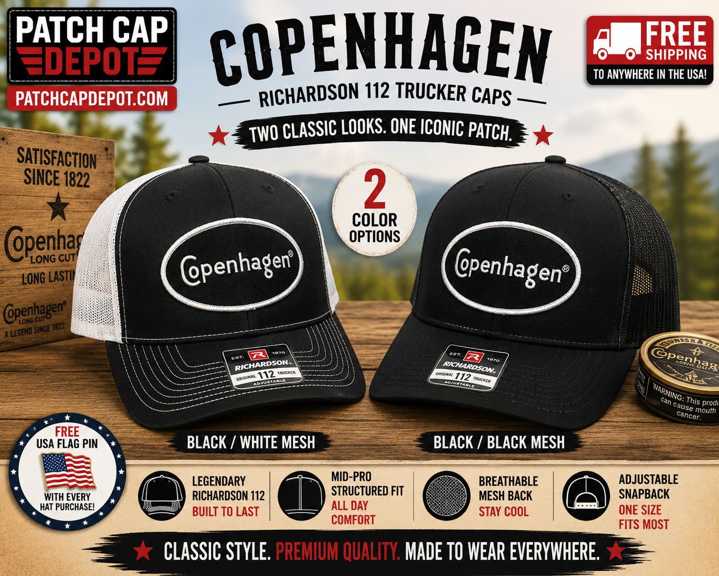 Richardson 112 Copenhagen Black & White Trucker Cap (2 styles)
