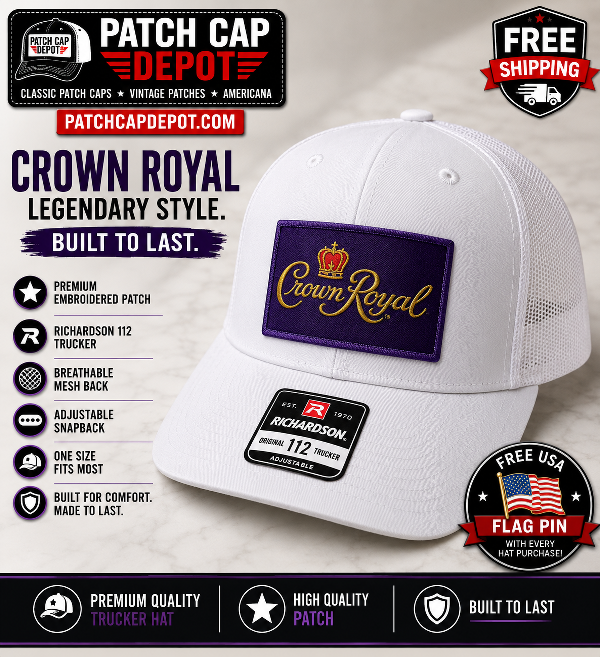 Crown Royal Patch Richardson 112 Trucker Hat White Snapback Cap