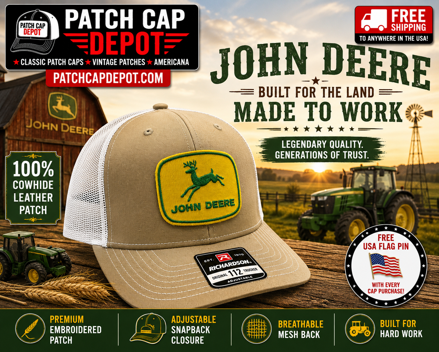 John Deere Vintage Patch Richardson 112 Trucker Cap | Khaki White Farm Hat
