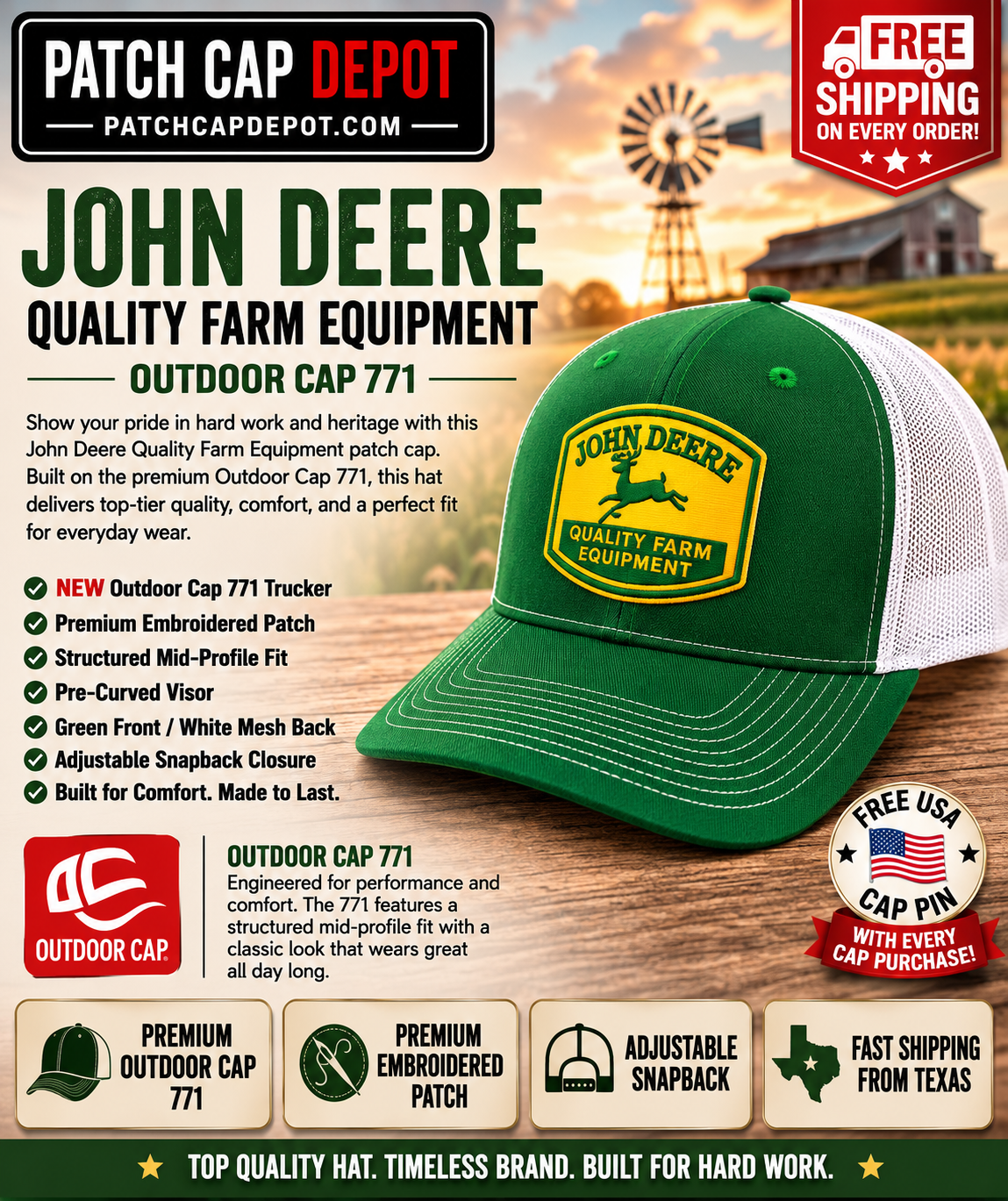 John Deere Quality Farm Equipment Patch Cap | Green/White Outdoor Cap 771 Snapback