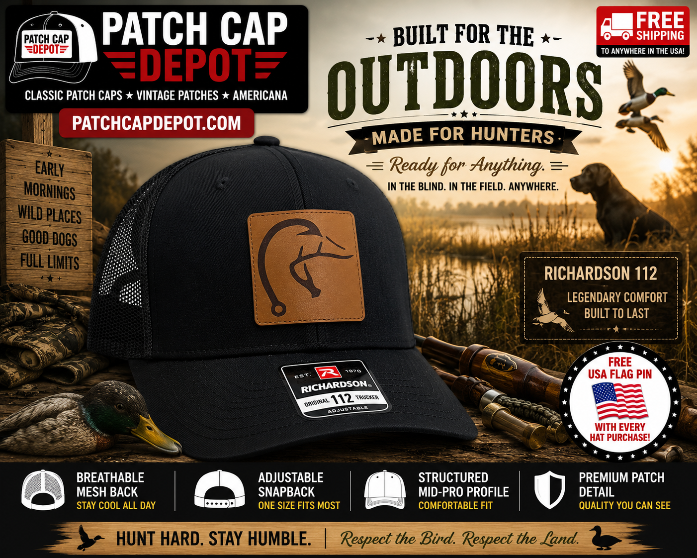 Richardson 112 Black Leather Duck Hunting Patch Trucker Cap